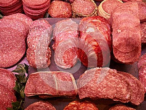 Selection of freshly cut salami