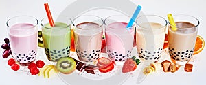 Selection of fruit flavored bubble or boba tea photo