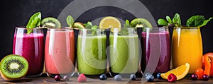 Selection of fruits and vegetables detox drinks in bottles. Many healthy juices in glass jars