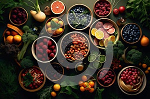 selection of fruits and vegetables presented in bowls