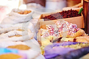 Selection of garlic on a traditional Moroccan market