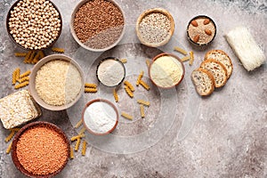 Selection of gluten free food on a rustic background. A variety of grains, flours, pasta, and bread gluten-free. Top view, flat