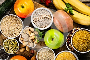 Selection of good carbohydrates sources. Healthy vegan diet photo