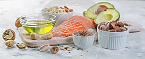 Selection of good fat sources - healthy eating concept. Ketogenic diet concept