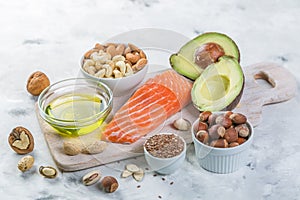 Selection of good fat sources - healthy eating concept. Ketogenic diet concept