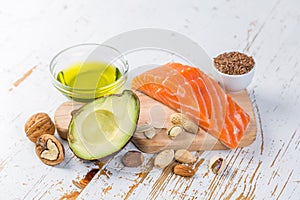 Selection of good fat sources - healthy eating concept. Ketogenic diet concept