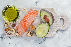 Selection of good fat sources - healthy eating concept. Ketogenic diet concept