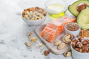 Selection of good fat sources - healthy eating concept. Ketogenic diet concept