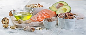 Selection of good fat sources - healthy eating concept. Ketogenic diet concept photo