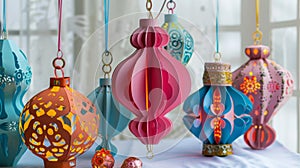 A selection of handmade Eid decorations and ornaments including paper lanterns Eid banners and intricately designed