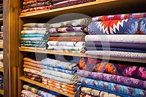 selection of handmade quilts stacked on a wooden shelf