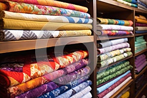 selection of handmade quilts stacked on a wooden shelf