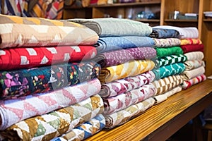 selection of handmade quilts stacked on a wooden shelf