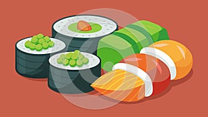 A selection of handrolled sushi rolls made with sustainably caught fish and organic veggies served with a side of photo
