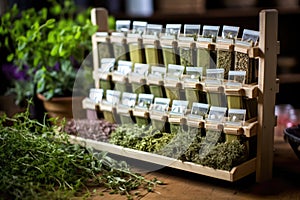 a selection of healthful herbal teas in a wooden rack