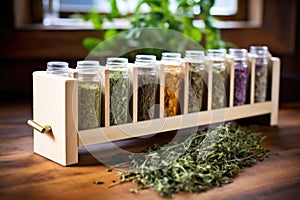 a selection of healthful herbal teas in a wooden rack