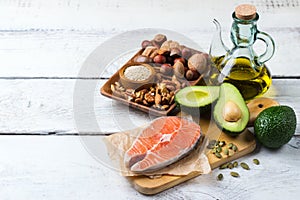 Selection of healthy fat sources food, life concept