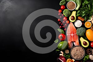 Selection of healthy food. Balanced diet concept. Top view with copy space, Healthy food clean eating selection: fish, fruits,