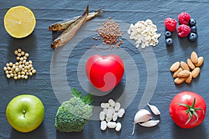 Selection healthy food good for heart, diet concept