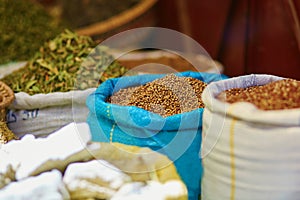 Selection of herbs on a traditional Moroccan market