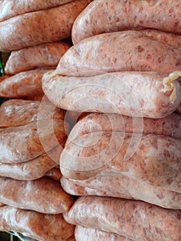 Selection of high quality meat products of sausages chicken lamb pork beef pheasant duck geese at the privately owned butchers