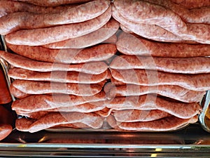 Selection of high quality meat products of sausages chicken lamb pork beef pheasant duck geese at the privately owned butchers