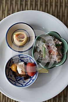 Selection of hot and cold hor d `oeurves with sparkling champagne