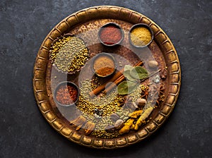 Selection Indian spices, spicy, herbs and seasonings on a metal tray,