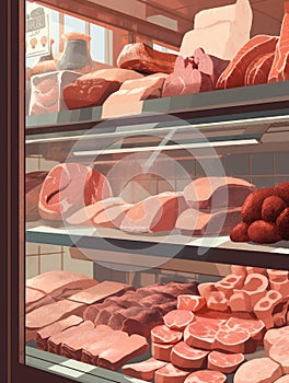 A selection of labgrown meats displayed in a grocery store.. AI generation
