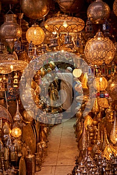 A selection of lamps for sale at the street bazaar in Medina