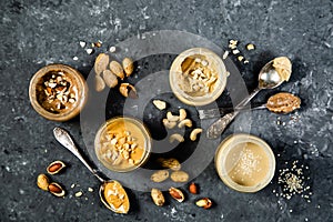 Selection of nut butters - peanut, cashew, almond and sesame seeds