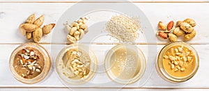 Selection of nut butters - peanut, cashew, almond and sesame seeds