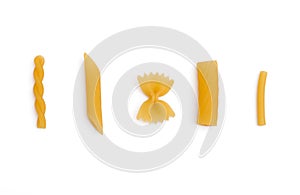 Selection of pasta uncooked, isolated