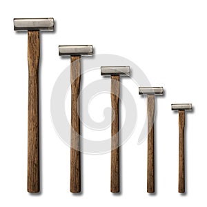 A selection of precision carpentry hammers on a white backdrop