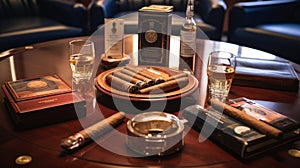 A selection of premium cigars and fine tobaccos on a mahogany table in a well-ventilated executive lounge