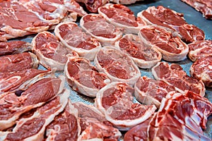 Selection of quality meat in a butcher shop. Different types of fresh meat are on display. Meat assortment