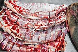 Selection of quality meat in a butcher shop. Different types of fresh meat are on display. Meat assortment