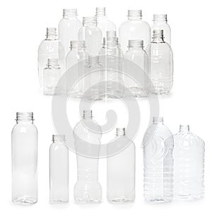 selection of quality photo collage of many different empty plastic bottles isolated on white background. production of new