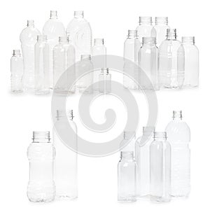 selection of quality photo collage of many different empty plastic bottles isolated on white background. production of new