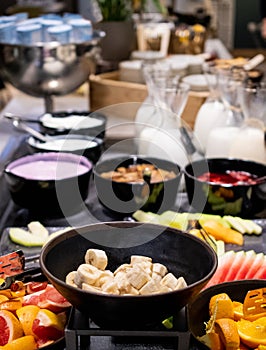 Selection of self service catering continental breakfast buffet display, catering or brunch table