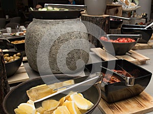 Selection of self service catering continental breakfast buffet display, catering or brunch table