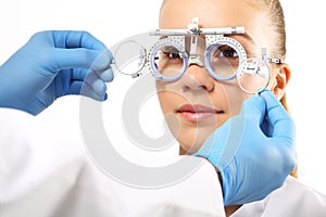 Selection of spectacles, woman ophthalmologist.