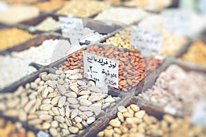 Selection of spices on a traditional market in Amman, Jordan.