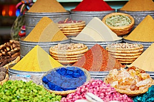 Selection of spices on a traditional Moroccan market in Marrakech, Morocco