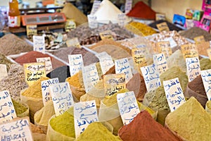Selection of spices on a traditional Moroccan market souk in M
