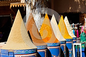 Selection of spices on a traditional Moroccan market souk in Marrakech, Morocco