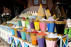 Selection of spices on a traditional Moroccan market souk in Marrakech, Morocco