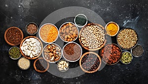 Selection of superfoods, legumes, cereals, nuts, seeds in bowls on black background. Superfood as chia, spirulina, beans, goji