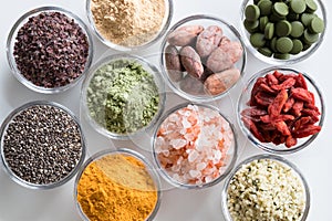 Selection of superfoods on a white background