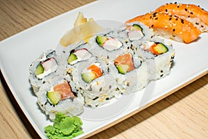 A selection of sushi rolls with salmon, tuna, cucumber and soy sauce dip